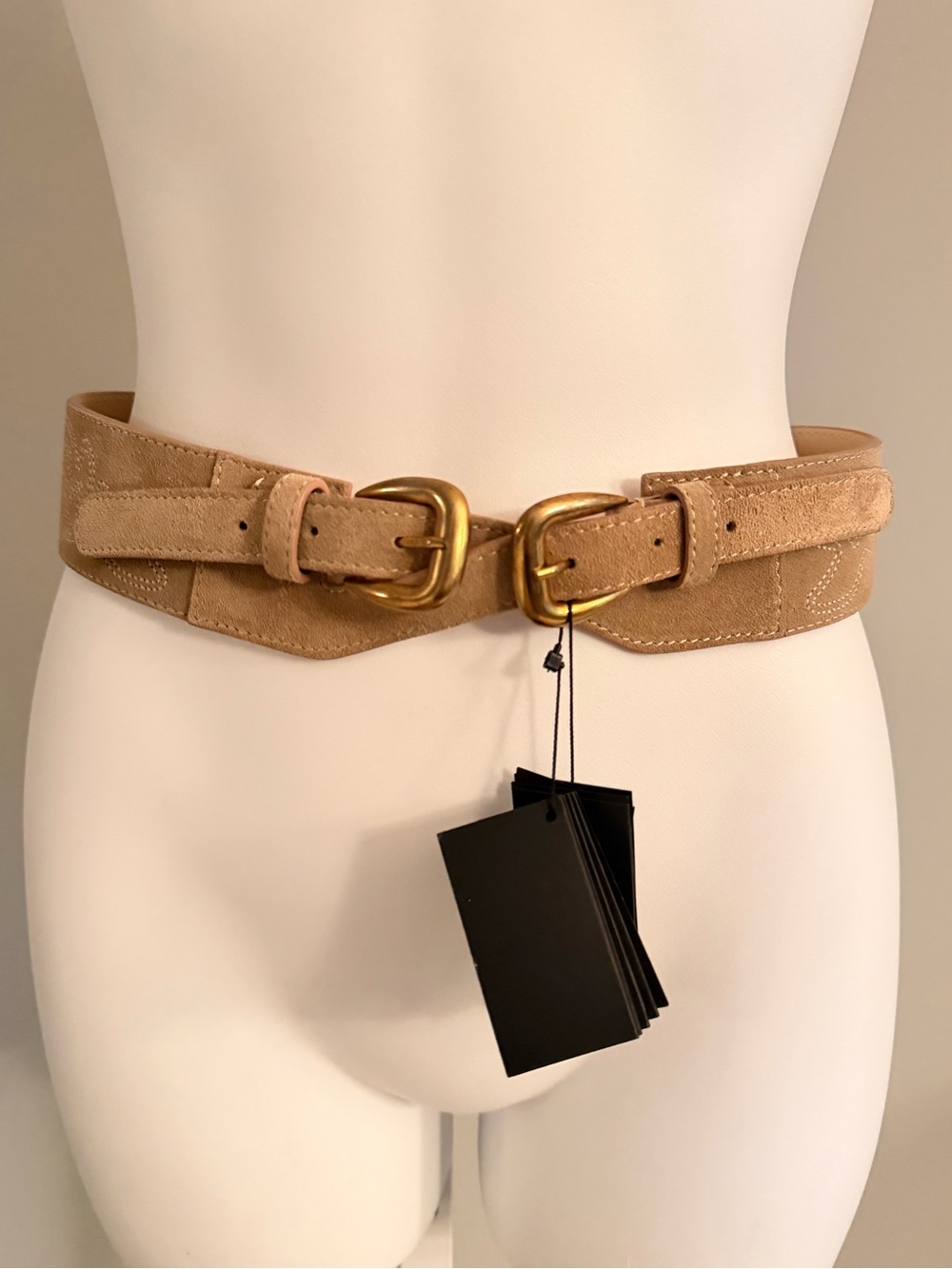 MAJE Unique Double Buckle Embroidered Taupe Suede Belt T2 NWT $285!!